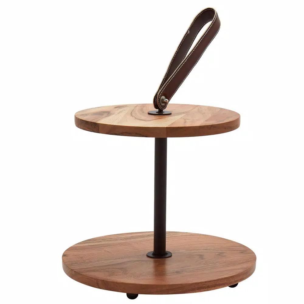 Mason Craft & More Acacia Wood 2-Tier Serving Tray with Faux Leather Handles