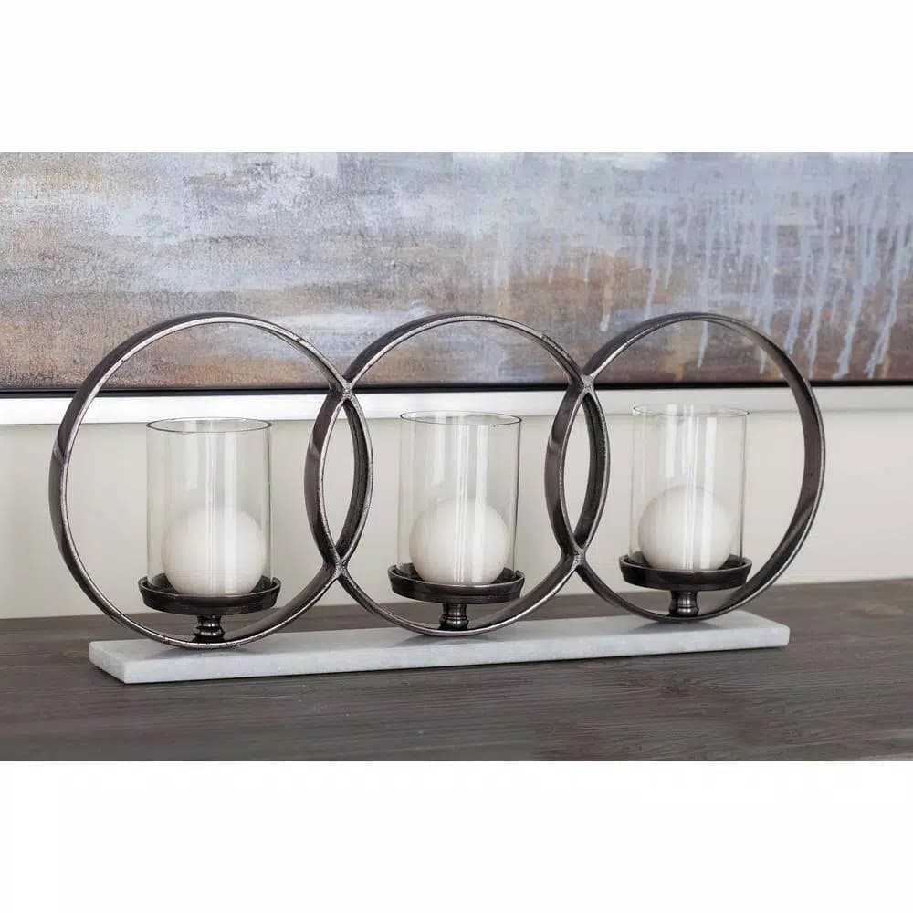 LITTON LANE Modern 3-Light Candle Holder with Black Aluminum and White Marble Base