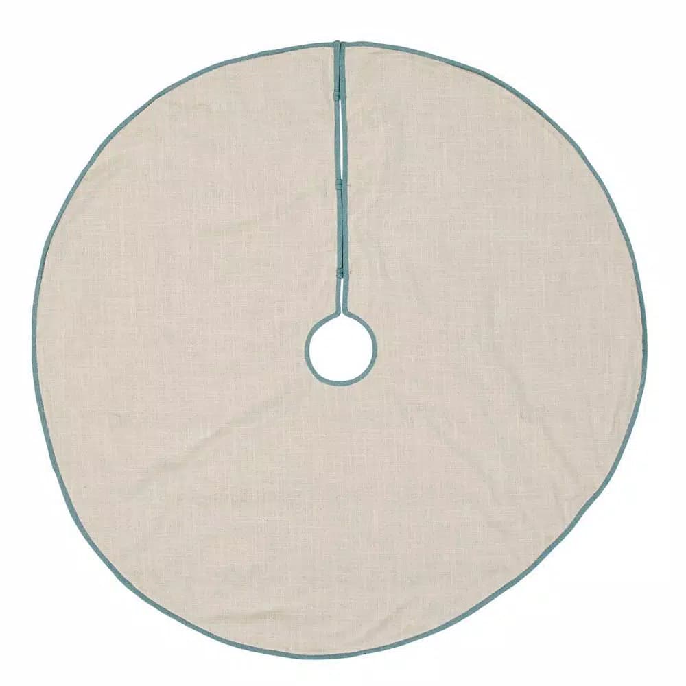 VHC Brands Sanbourne 48 in. Creme White Coastal Christmas Tree Skirt with Turquoise Chambray Trim