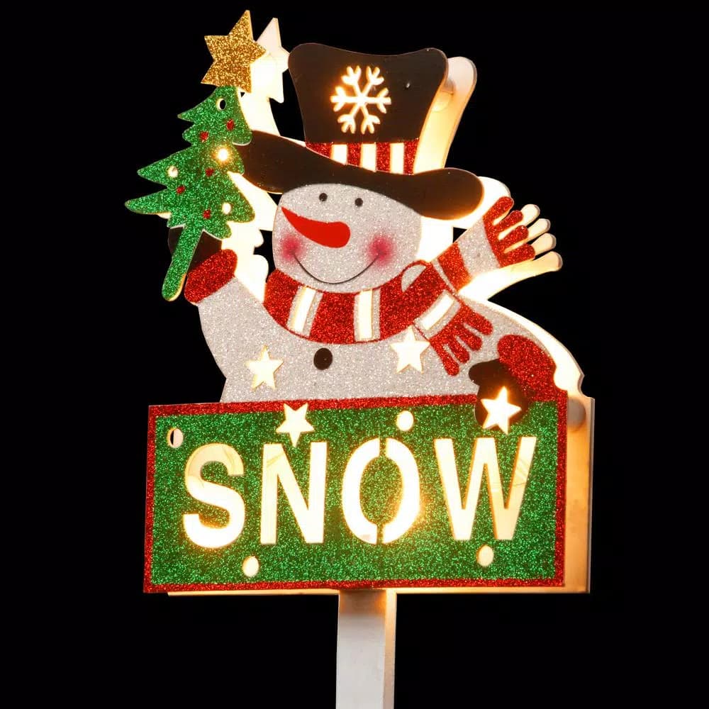 National Tree Company 35 in. Pre-Lit Snowman with SNOW Sign Wood Holiday Sculpture