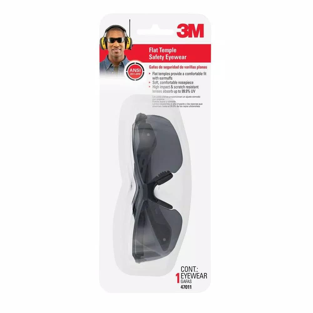 3M Flat Temple Safety Glasses with Grey Tinted Lenses, Black/Gray Semi-Rimless Frame