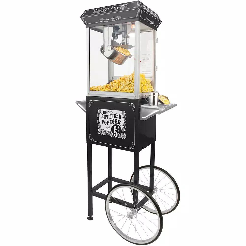 Funtime Sideshow Popper 8 oz. Popcorn Machine and Cart, Traditional Black Theater Style Popper