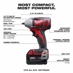 Milwaukee M18 18V Cordless 3/8 in. Compact Impact Wrench Kit with (2) 3.0 Ah Batteries, Charger, and Hard Case thumbnail 3