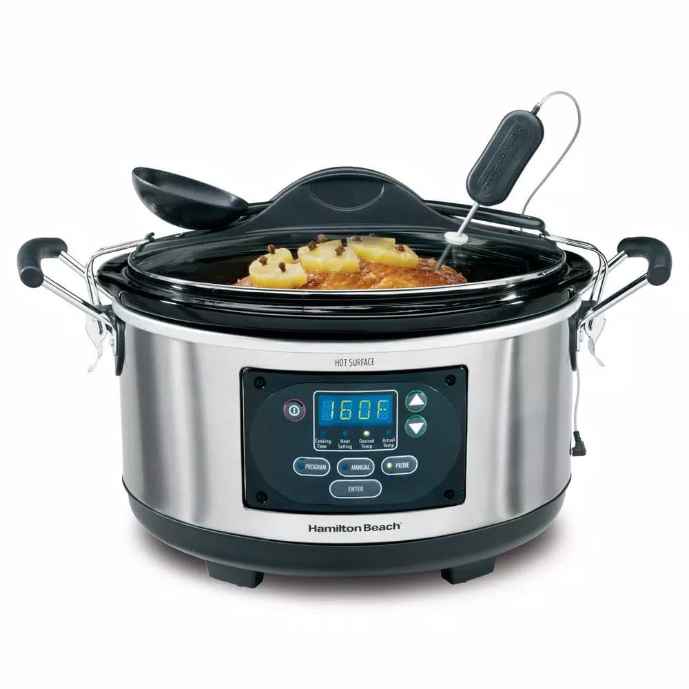 Hamilton Beach 6 Qt. Stainless Steel Programmable Slow Cooker with Temperature Probe
