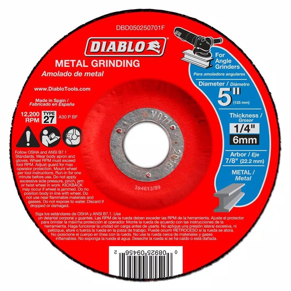 Diablo 5 in. x 1/4 in. x 7/8 in. Metal Grinding Discs, Type 27 Depressed Center, 10-Pack