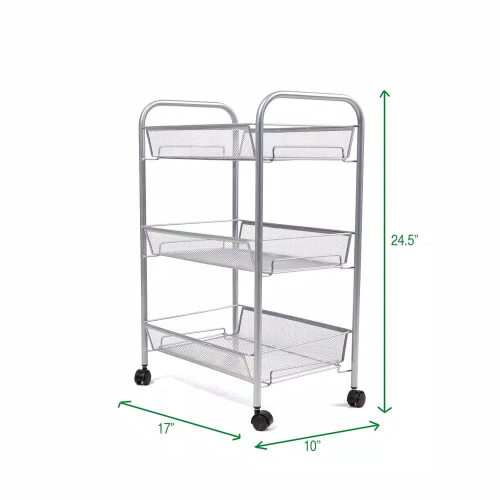 Mind Reader 3-Tier Rolling Silver Metal Mesh Storage Cart with 360° Casters