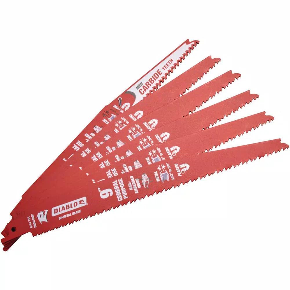 Diablo Demo Demon 9 in. 8/14 TPI General Purpose Reciprocating Saw Blades, 5-Pack + Bonus Carbide Blade
