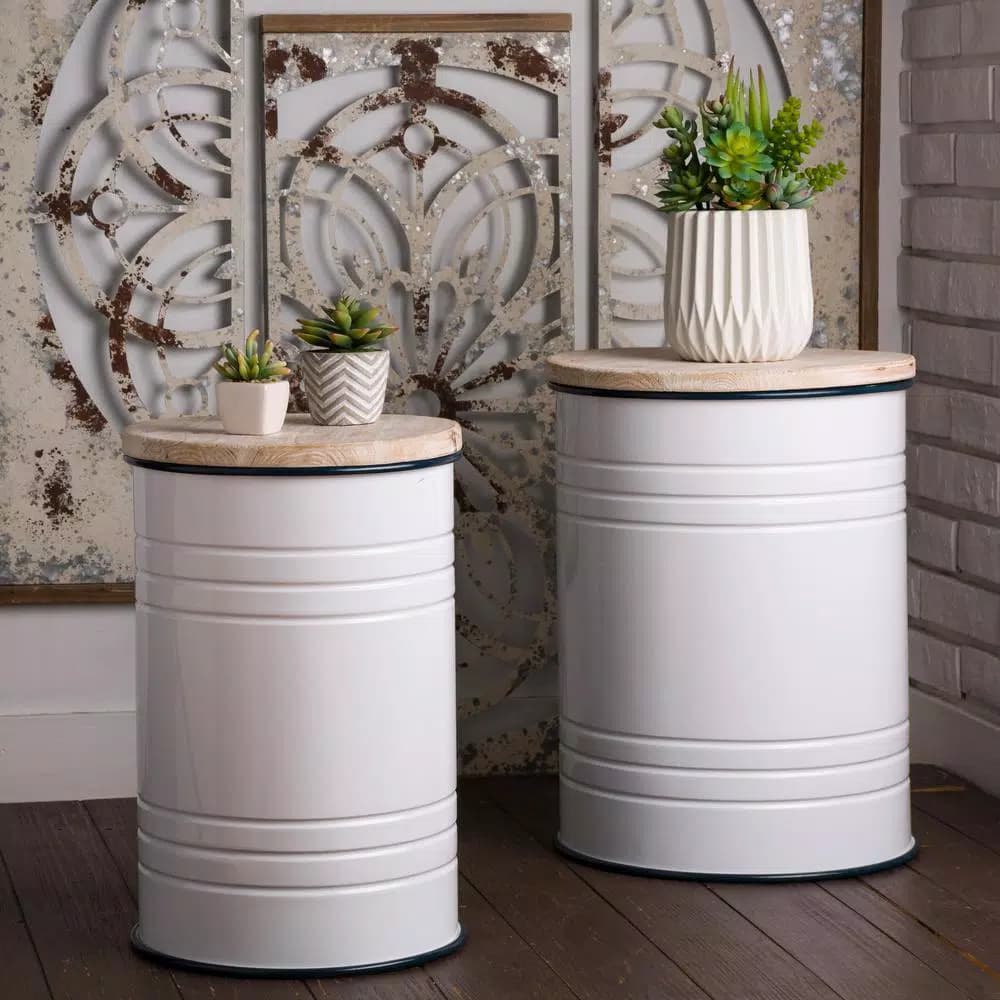 Glitzhome Farmhouse Enamel Metal Round Container Set with Wood Lids, Set of 2