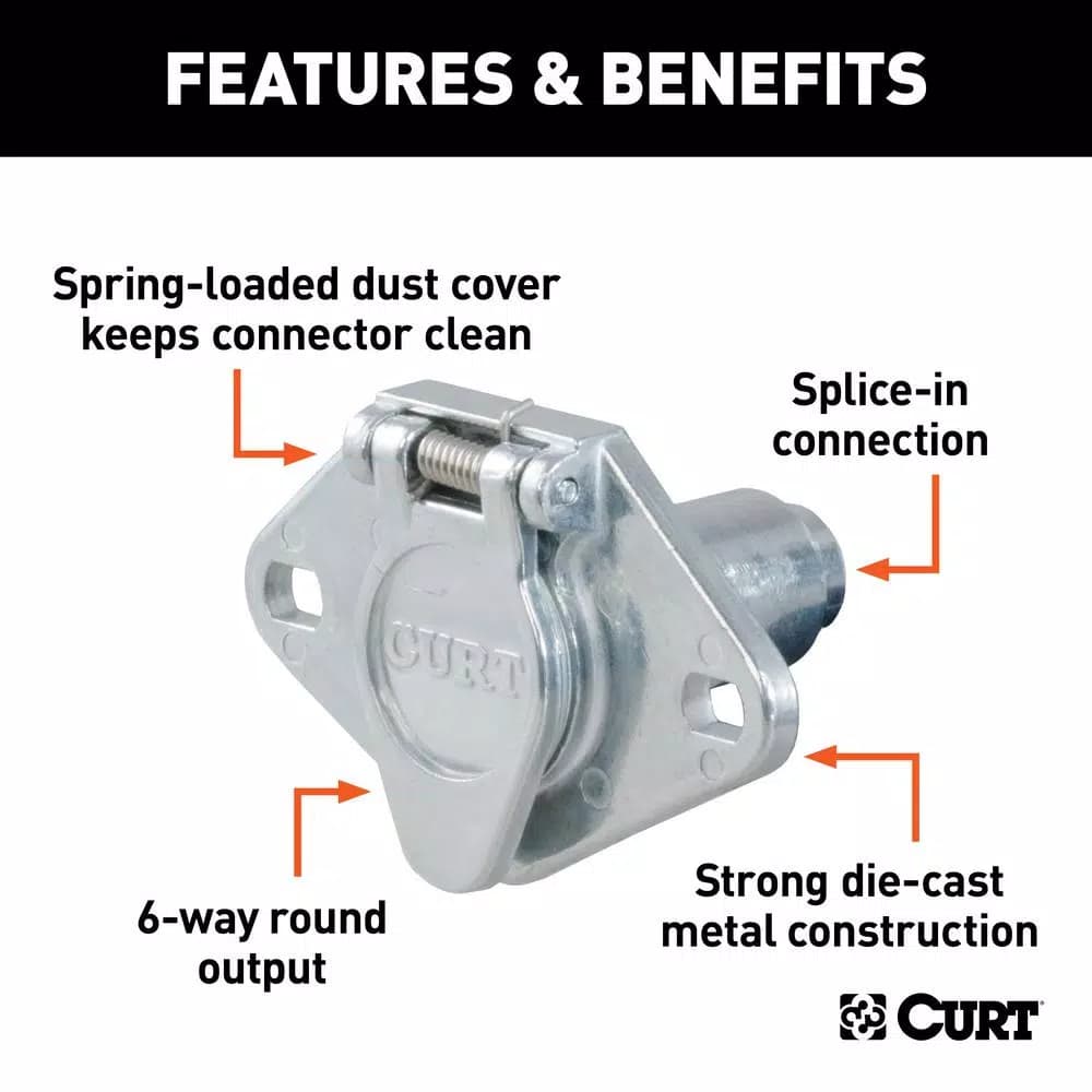 CURT 6-Way Round Trailer Connector Socket, Vehicle Side, Die-Cast Metal