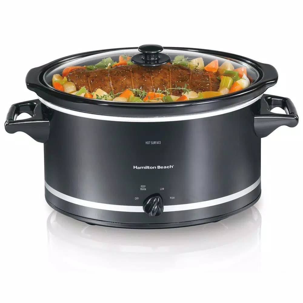 Hamilton Beach 8 Qt. Black Oval Slow Cooker with Glass Lid and Temperature Settings