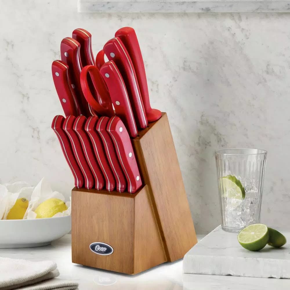 Oster Evansville 14-Piece Stainless Steel Knife Set with Rubberwood Block