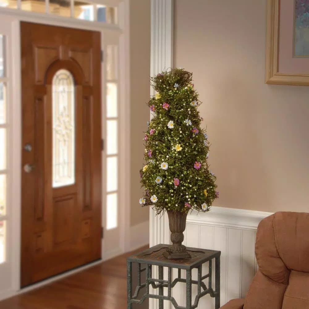 National Tree Company 24 in. Spring Entrance Mossy Tree Topiary with Colorful Flowers and Berries in Decorative Urn