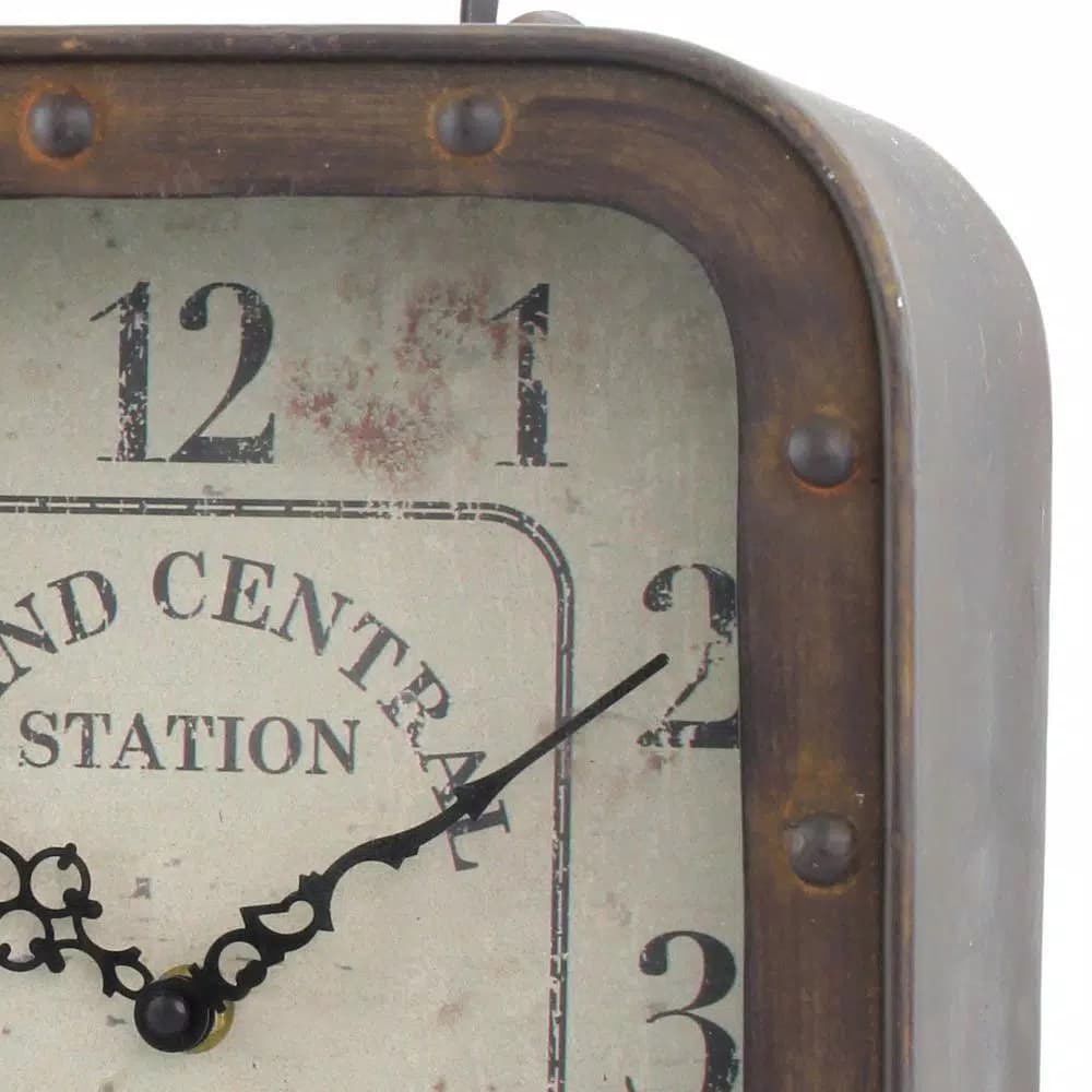 Stonebriar Collection Grand Central Station 14 in. x 10 in. Rustic Metal and Glass Square Tabletop Analog Clock