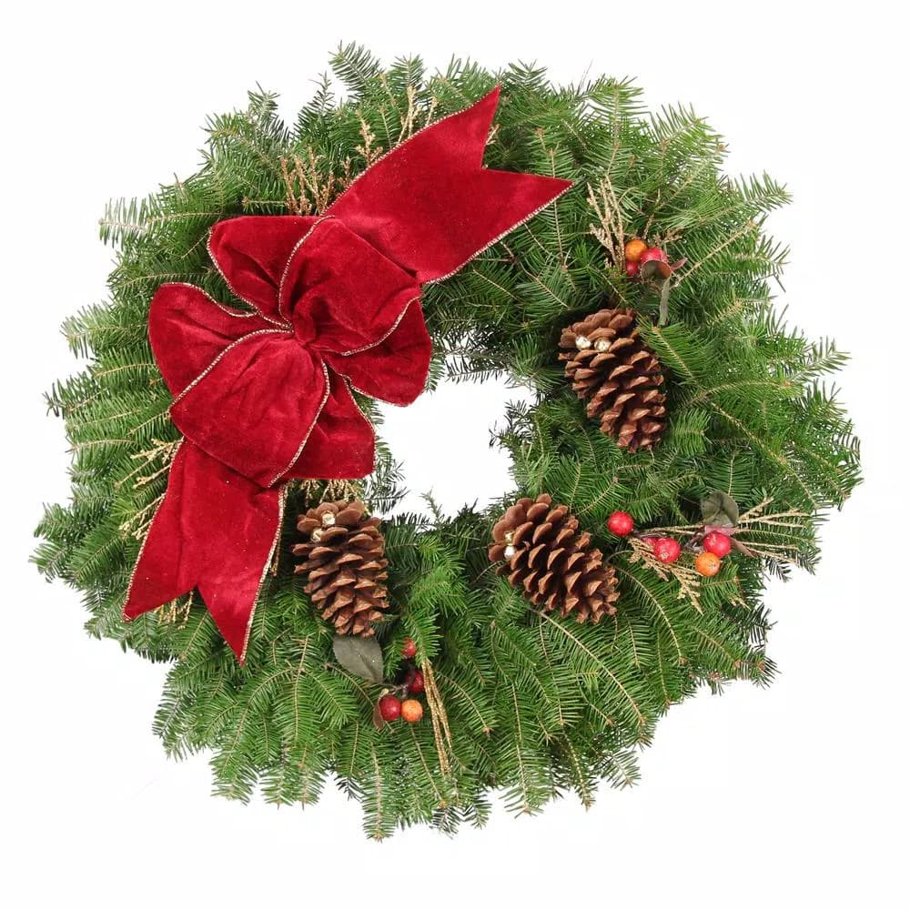 Unbranded 25 in. Balsam Fir Christmas Wreath with Maroon Velvet Bow and Gold Accents