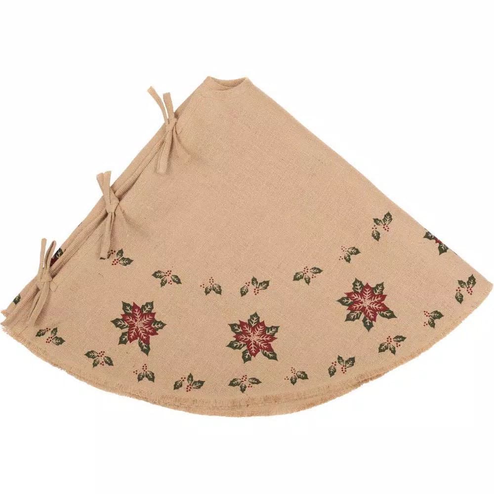 VHC Brands 48 in. Jute Burlap Poinsettia Tree Skirt - Natural Tan Holiday Decor