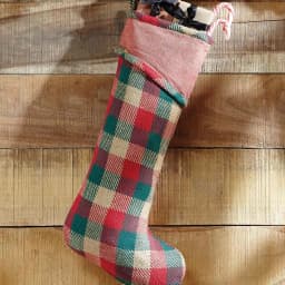 VHC Brands 20 in. Ruby Red Rustic Christmas Cotton Plaid Stocking with Cinnamon Cuff thumbnail 2