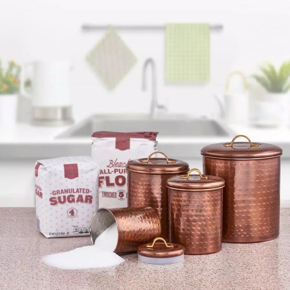 Old Dutch 4-Piece Hammered Antique Copper Canister Set with Fresh Seal Covers