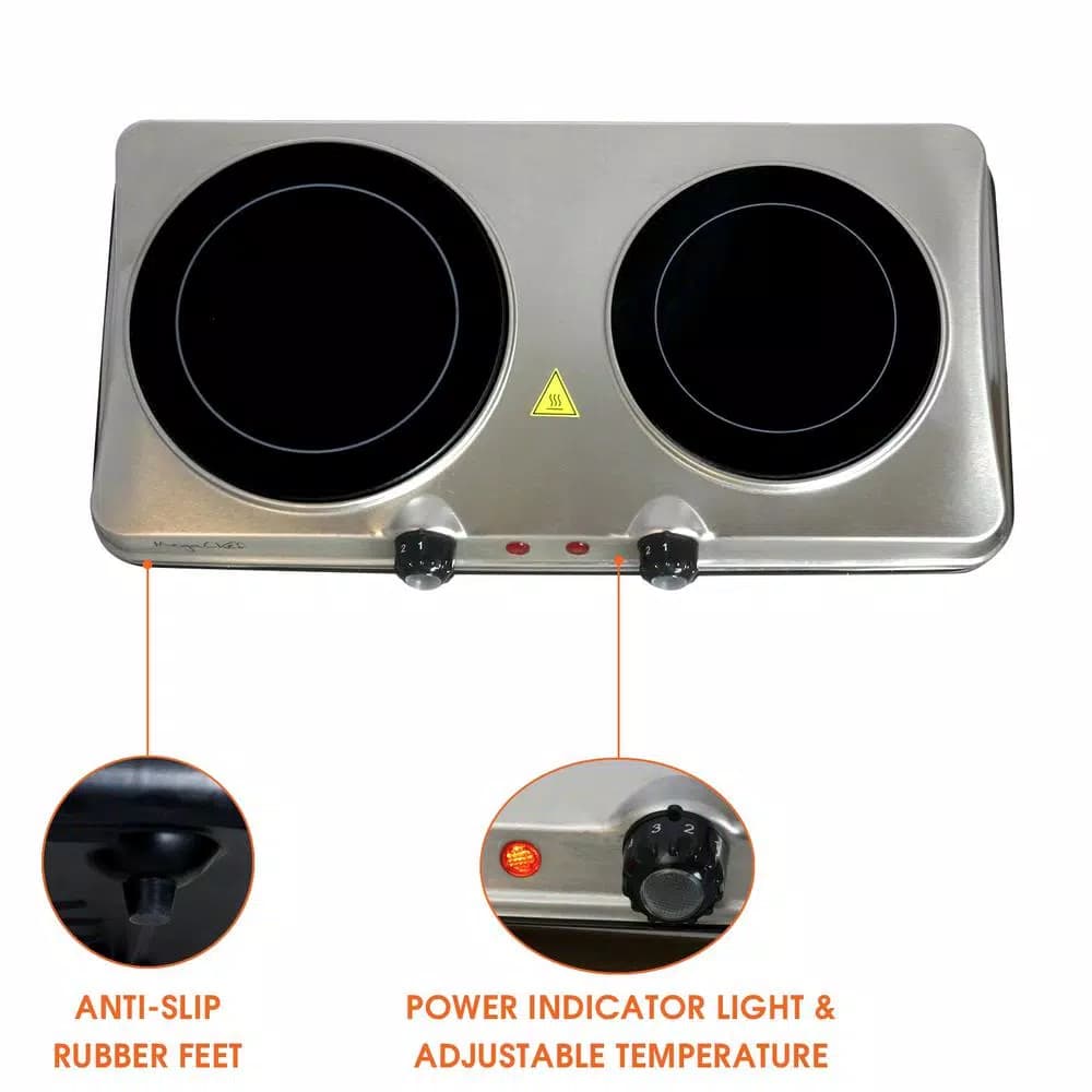 MegaChef 2-Burner Infrared Electric Hot Plate Cooktop, 1700W, Sleek Steel