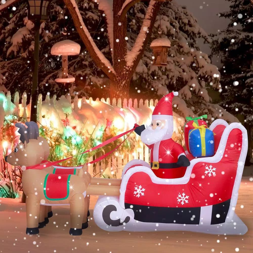 JOYDECOR 5 ft. Santa Claus on Sleigh with 2 Reindeer Christmas Inflatable Outdoor Decoration with LED Lights