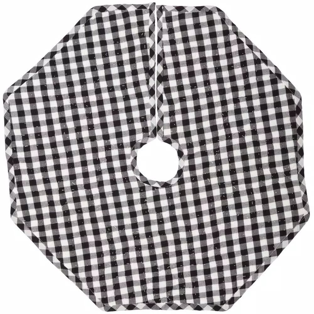 VHC Brands Emmie 21 in. Black and White Patchwork Christmas Tree Skirt, Hand-Quilted Cotton