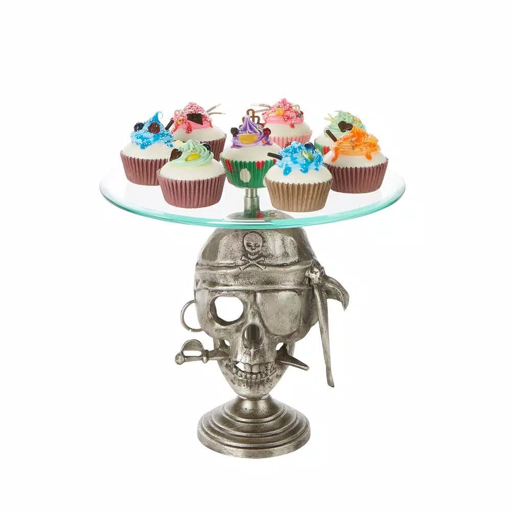 Mind Reader The Mind Reader 12 in. Silver Iron Pirate Head Cake Stand with Glass Top
