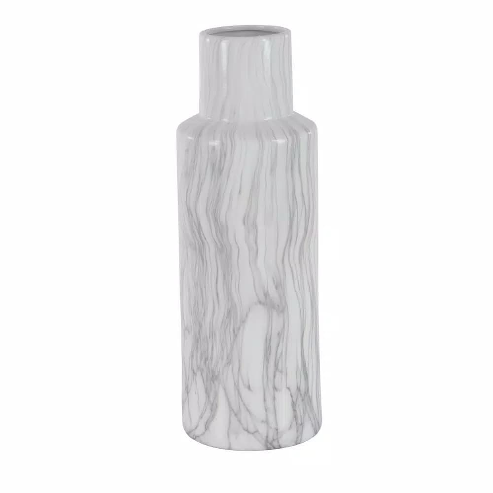 LITTON LANE 21 in. Classic Marble Cylinder White Ceramic Decorative Vase with Gray Veining
