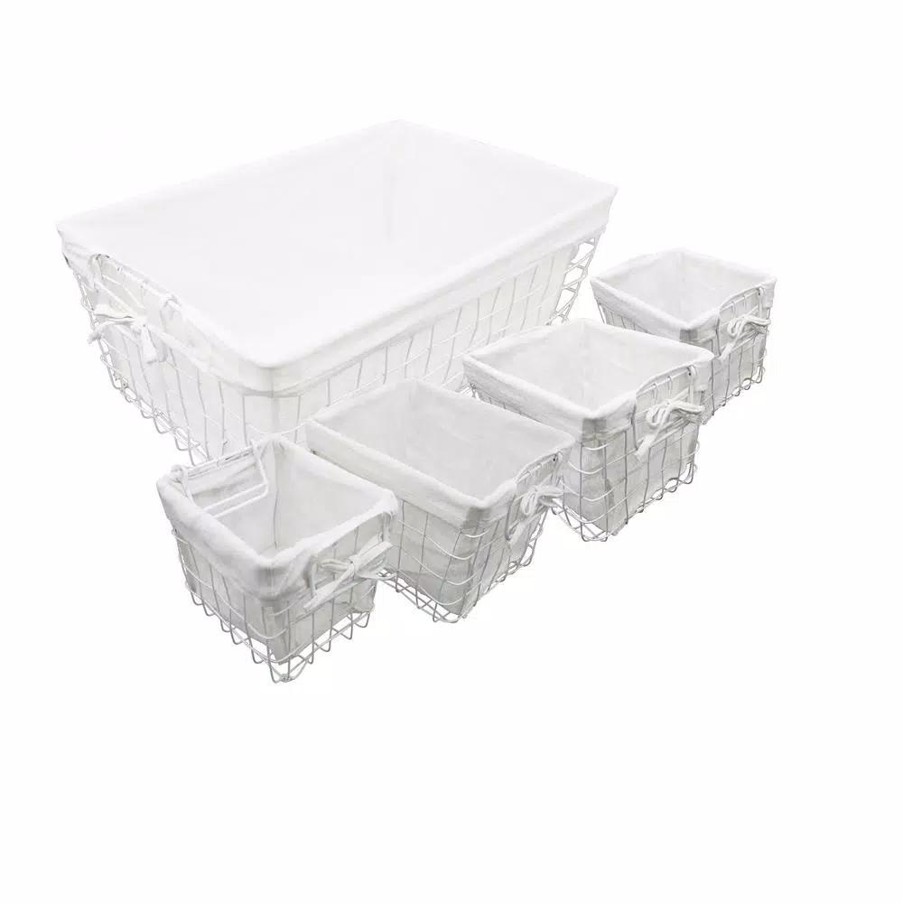 Admired By Nature Vintage Metal Storage Basket Set of 5 with White Cotton Fabric Liners