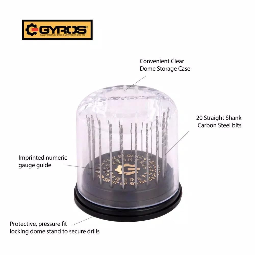 Gyros Carbon Steel Wire Gauge Drill Bit Dome Set, #61 - #80 (20-Piece)