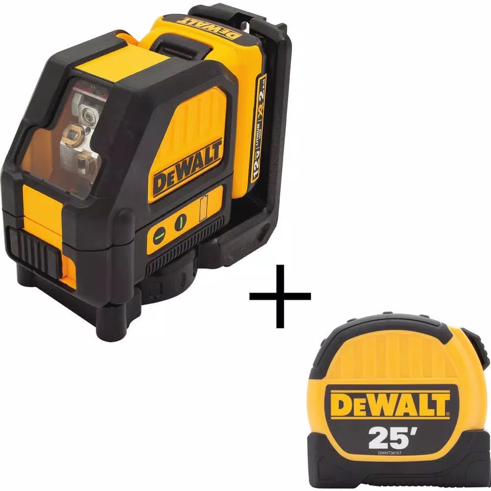 DeWalt 12V MAX Green Self-Leveling Cross-Line Laser Level with 25 ft. Tape Measure Bonus