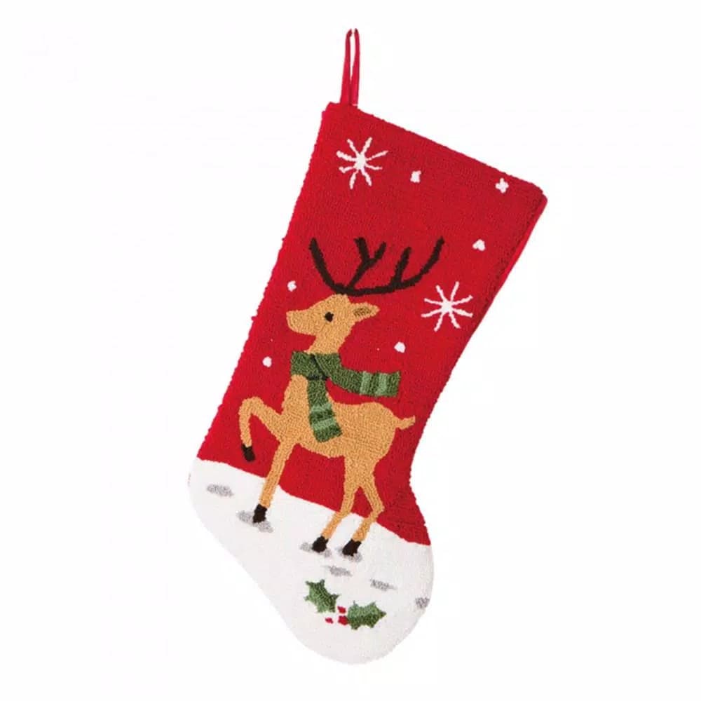Glitzhome Whimsical Reindeer Hooked Christmas Stocking - Red & White Holiday Decor