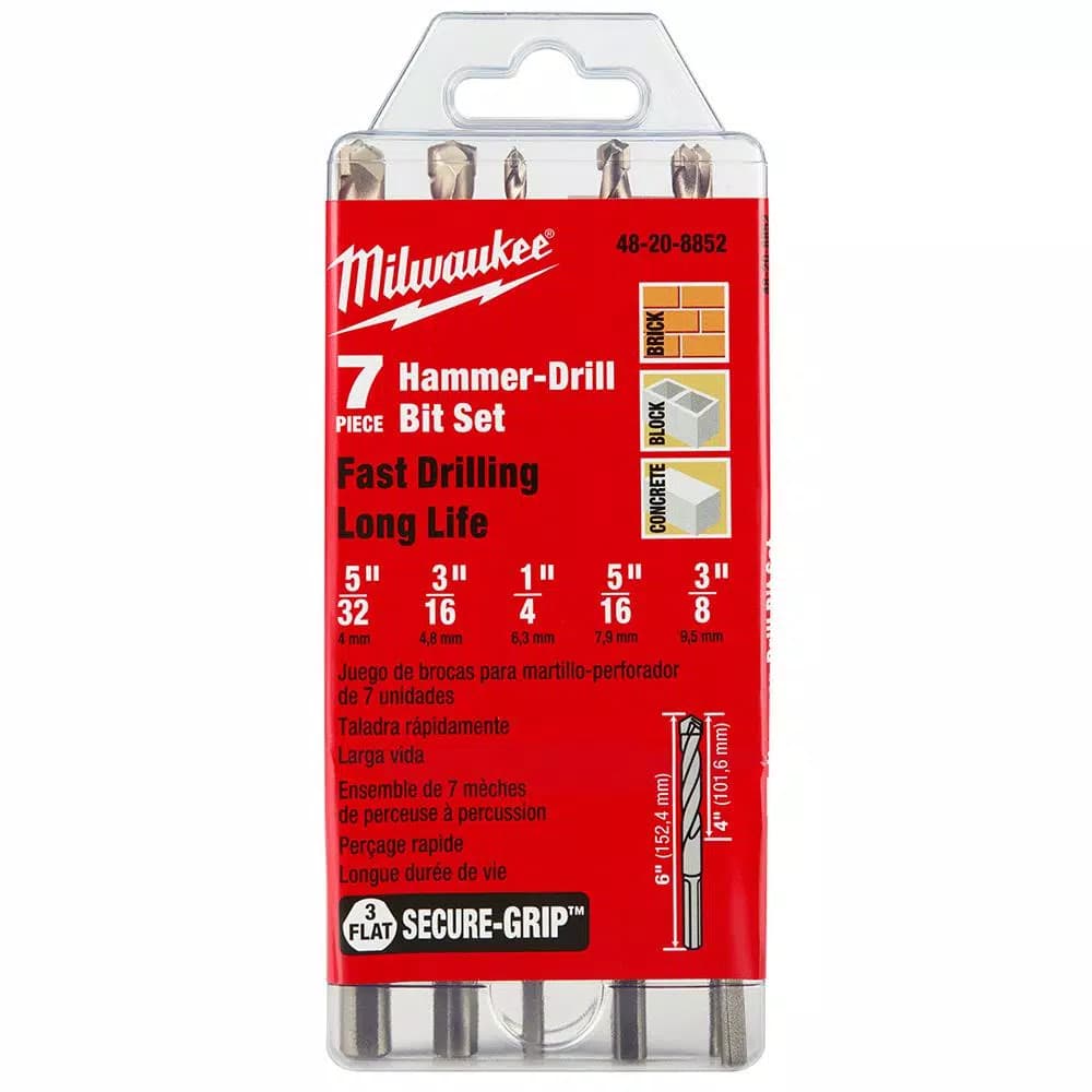 Milwaukee 3-Flat SECURE GRIP Carbide Hammer Drill Bit Set, 7-Piece