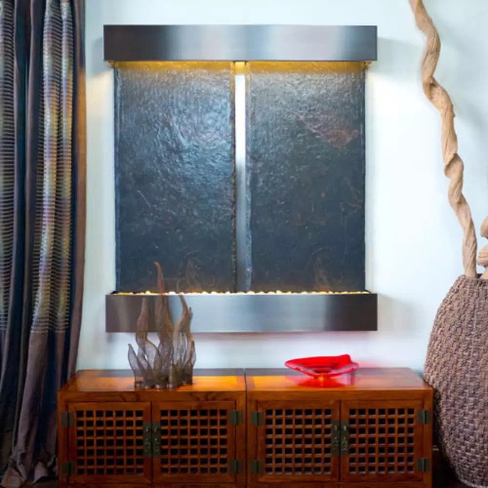 Water Wonders Nojoqui Falls Double Lightweight Slate Wall Fountain with Stainless Steel Trim
