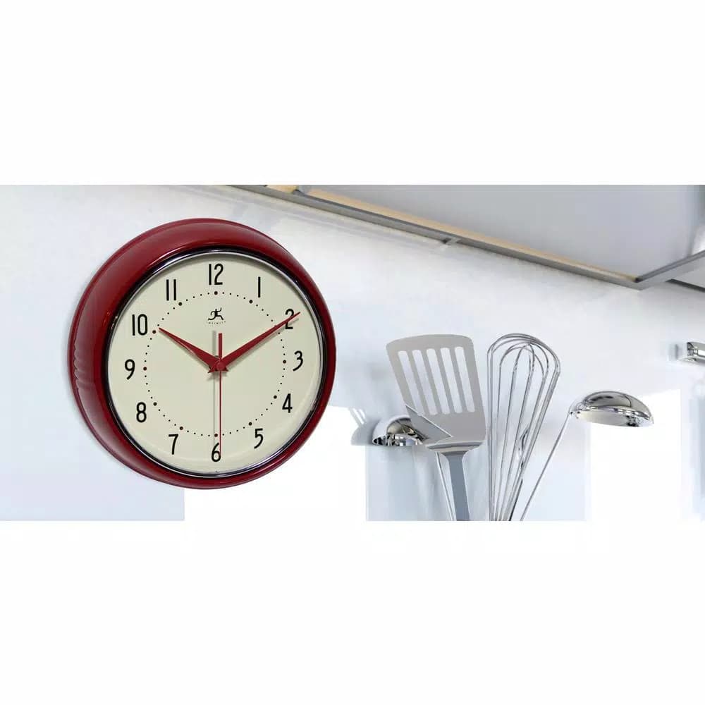 Infinity Instruments 9.5 in. Red Retro Round Metal Wall Clock