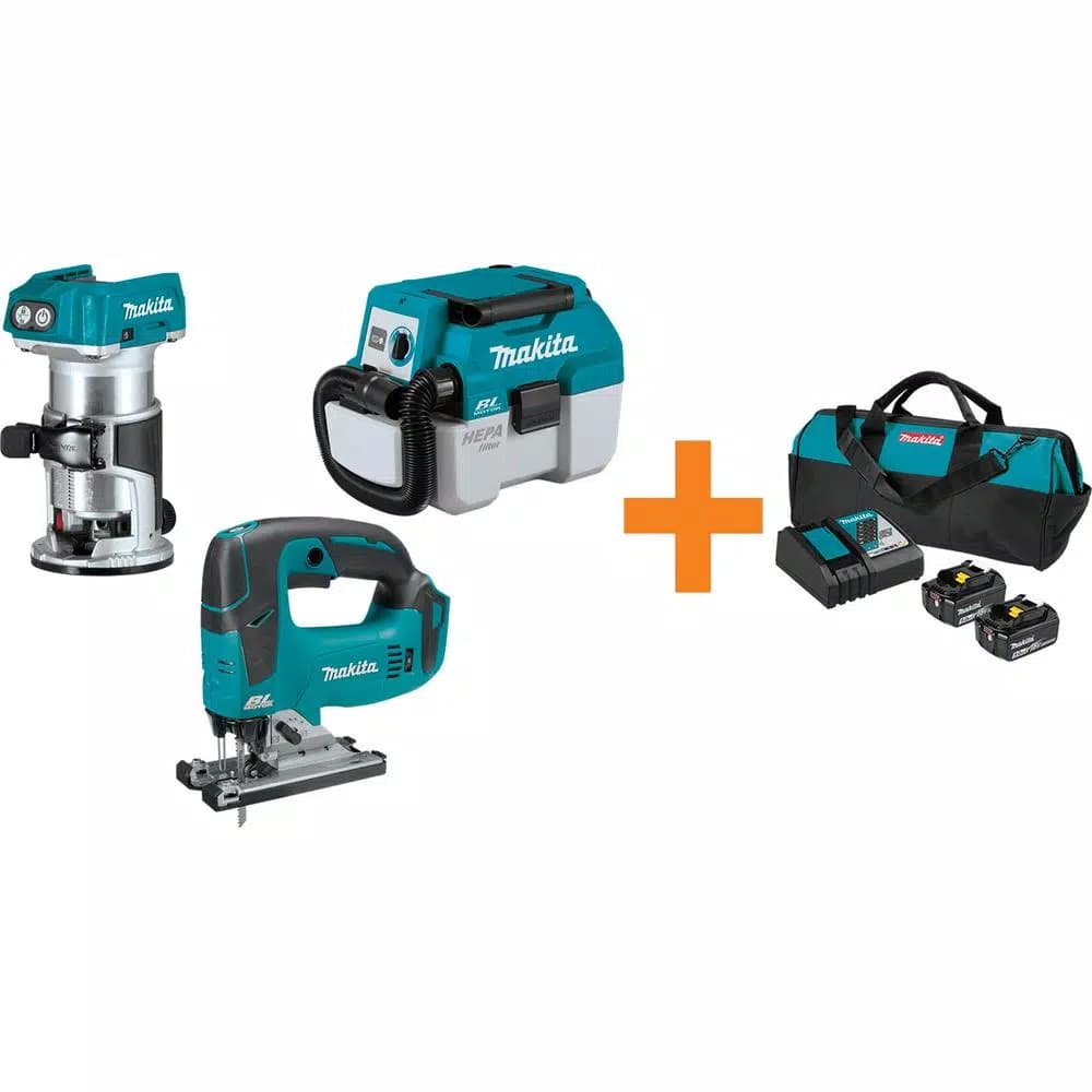 Makita 18V LXT Brushless Router, Jig Saw, and 2 Gal. Dust Extractor Combo Kit with 5.0 Ah Battery and Charger