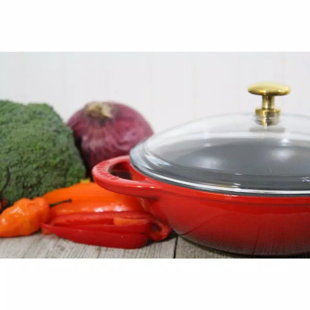 Chasseur 7 in. Red Enameled Cast Iron Mini Wok with Glass Lid