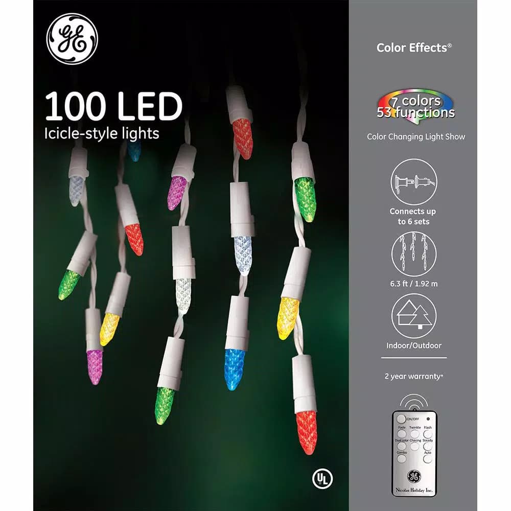 GE Color Effects 100-Light LED Icicle Light Set with Remote Control, 6.3 ft. Lighted Length