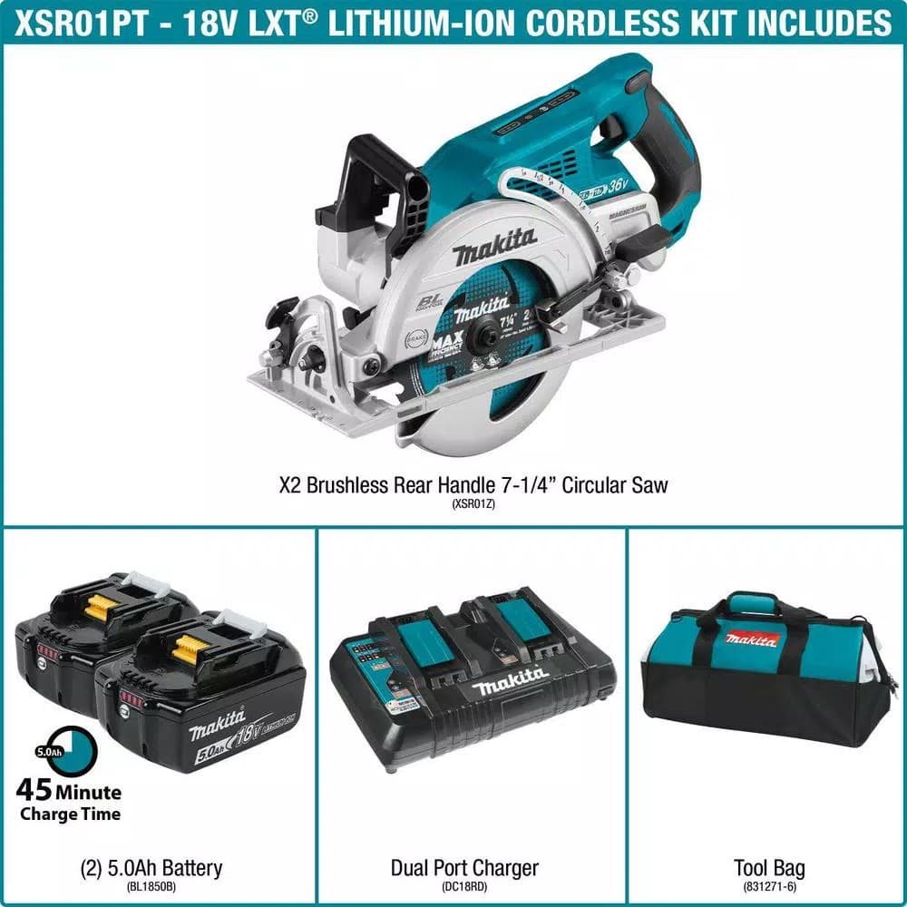 Makita X2 LXT 36V Brushless 7-1/4 in. Rear Handle Circular Saw Kit with 2 5.0Ah Batteries