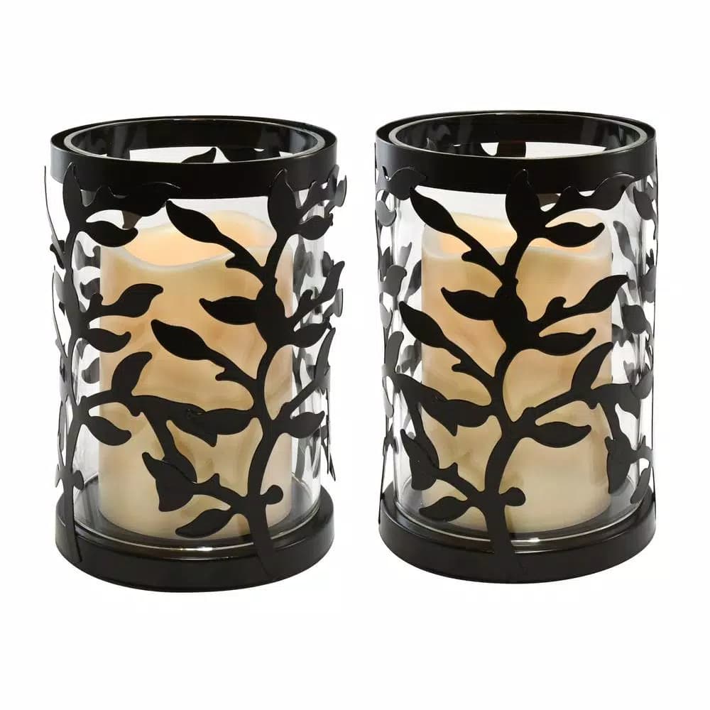 LUMABASE 6.5 in. Vine Metal and Glass Candle Holder Set with LED Pillar Candles (Set of 2)