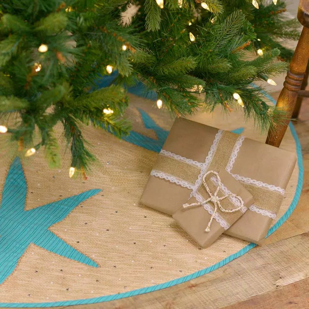 VHC Brands 55 in. Nerine Robin Egg Blue Coastal Christmas Tree Skirt with Starfish Appliqués