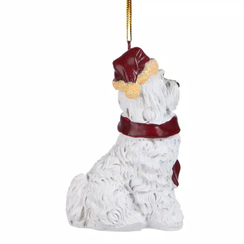 Design Toscano Maltese Dog Holiday Ornament Sculpture with Santa Hat and Red Scarf