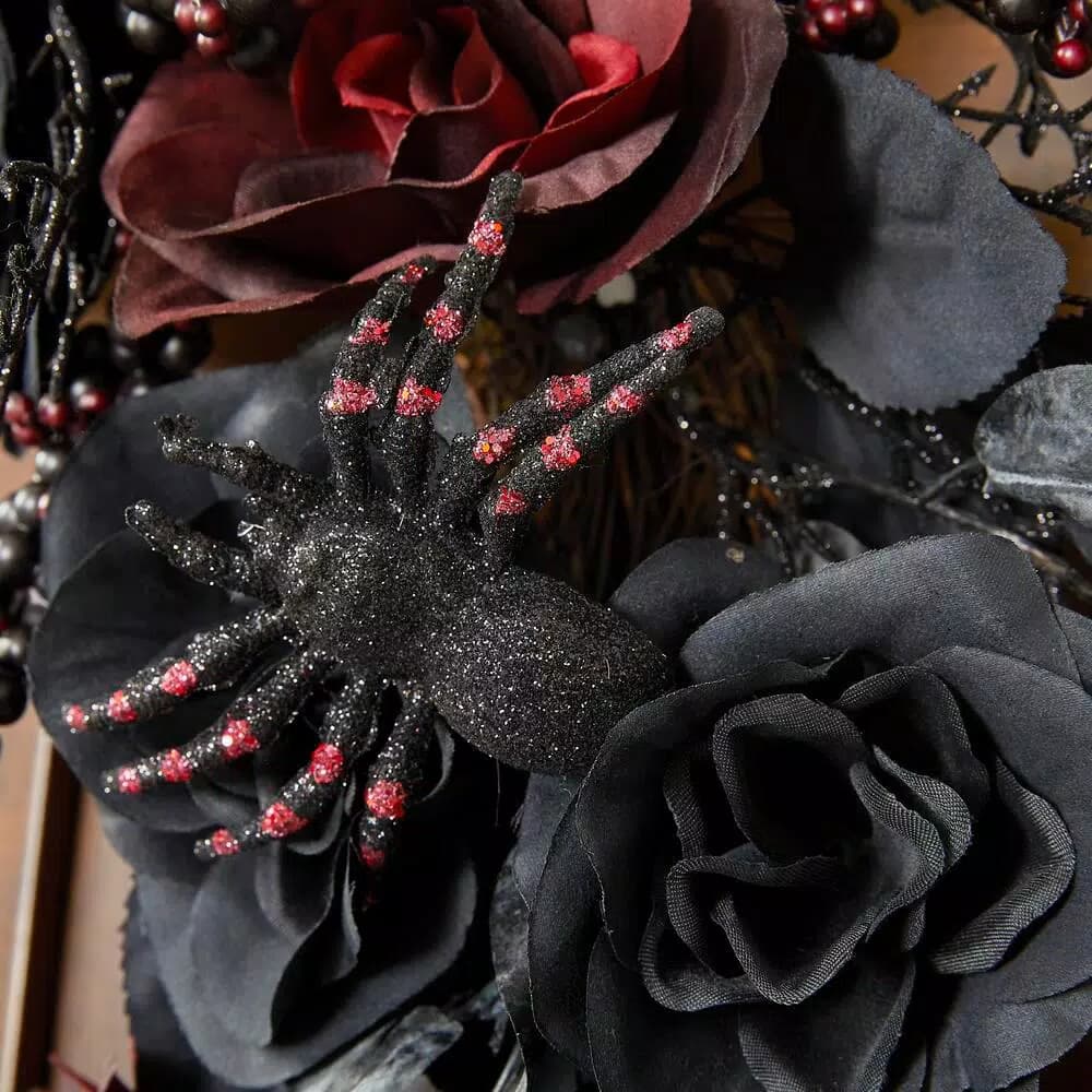 Home Accents Holiday 30 in. Black and Burgundy Artificial Rose Halloween Wreath