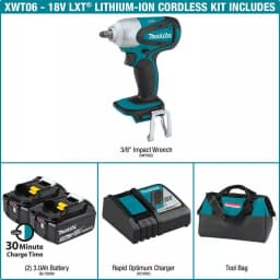 Makita 18V LXT Cordless 3/8 in. Square Drive Impact Wrench Kit with (2) 3.0Ah Batteries, Charger, and Bag thumbnail 2