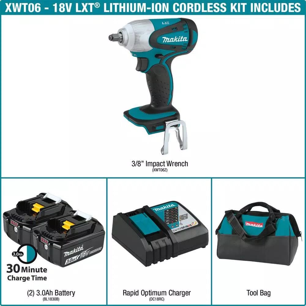 Makita 18V LXT Cordless 3/8 in. Square Drive Impact Wrench Kit with (2) 3.0Ah Batteries, Charger, and Bag