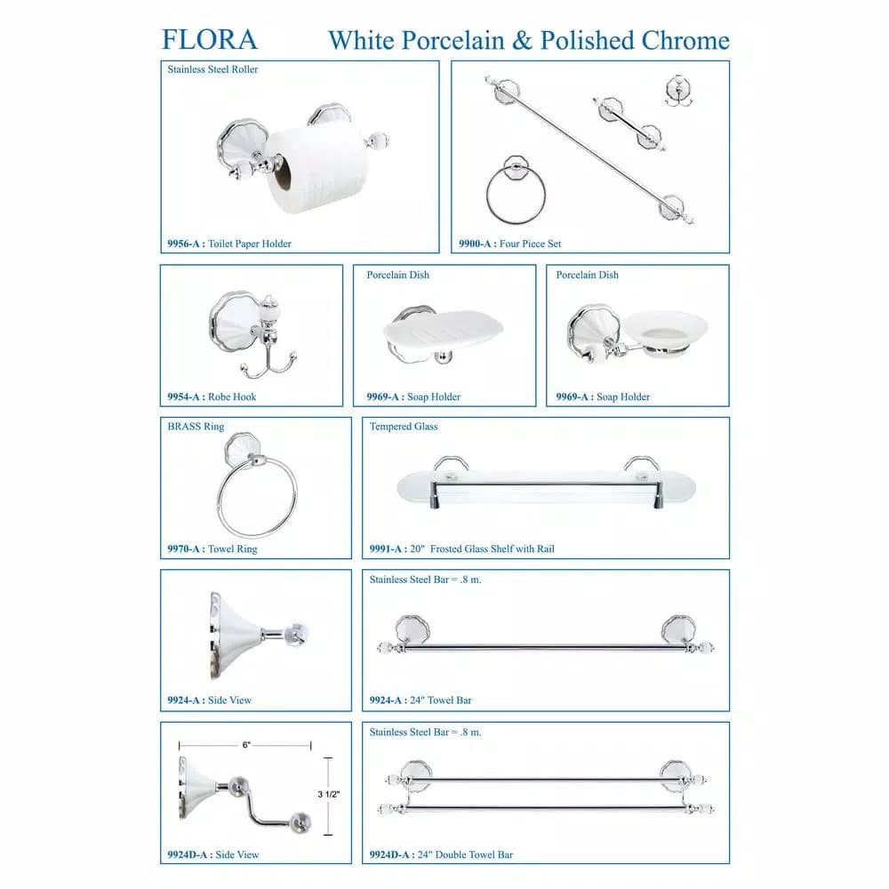 MODONA Flora 4-Piece Bathroom Accessories Set - White Porcelain & Polished Chrome