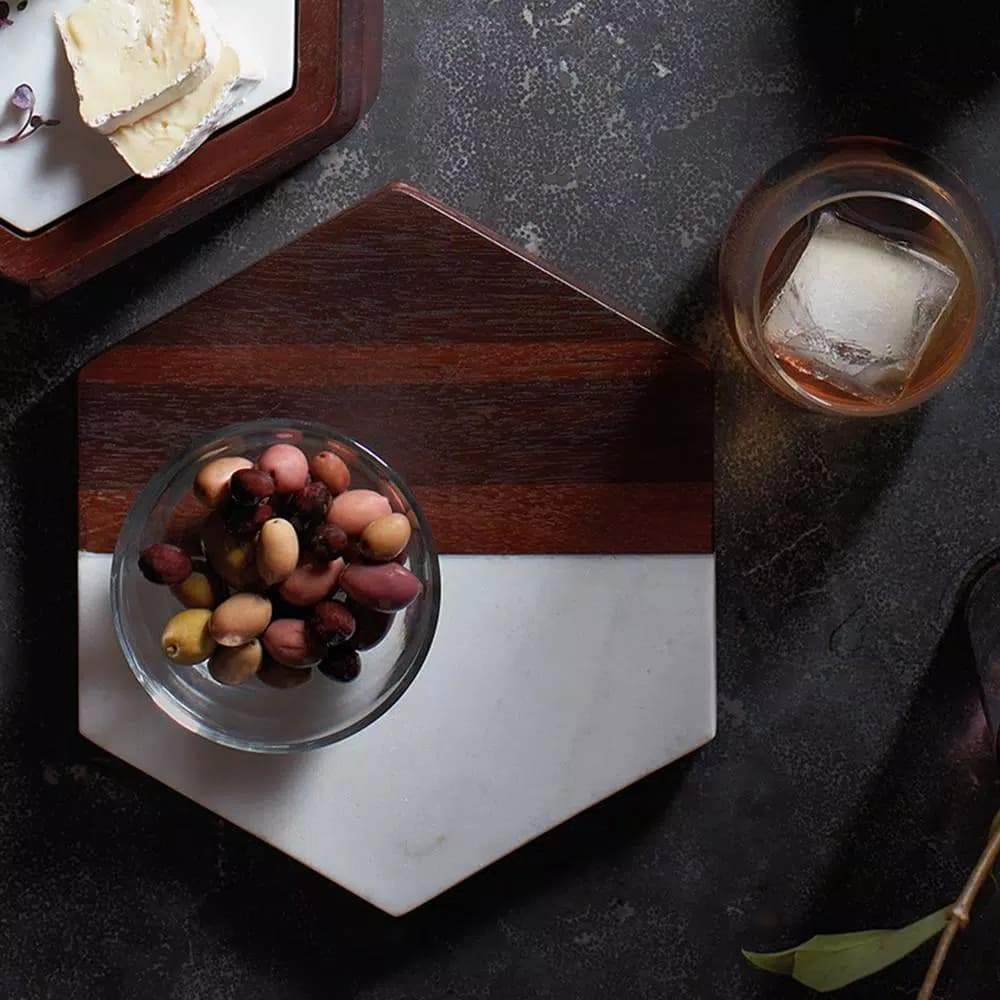 Libbey Urban Story Wood and Marble Hexagon Serving Tray