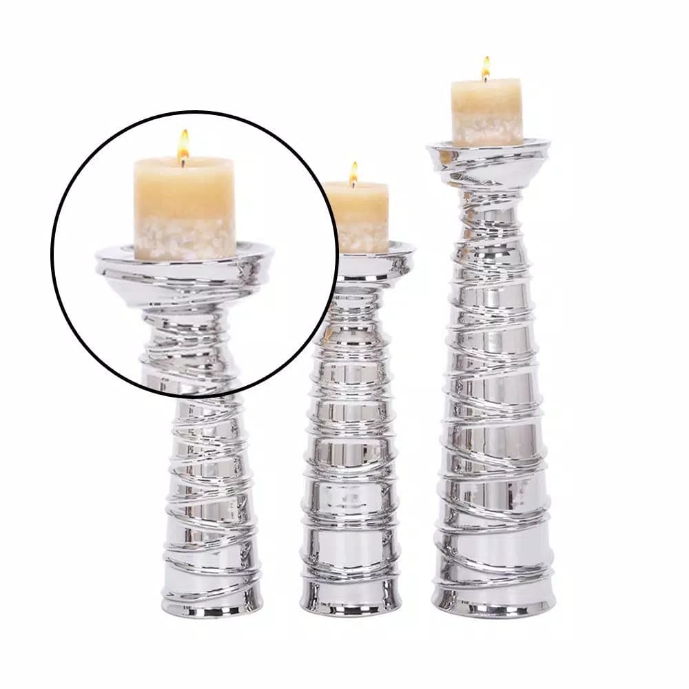 LITTON LANE Contemporary Silver Ceramic Tapered Cylinder Candle Holders, Set of 3