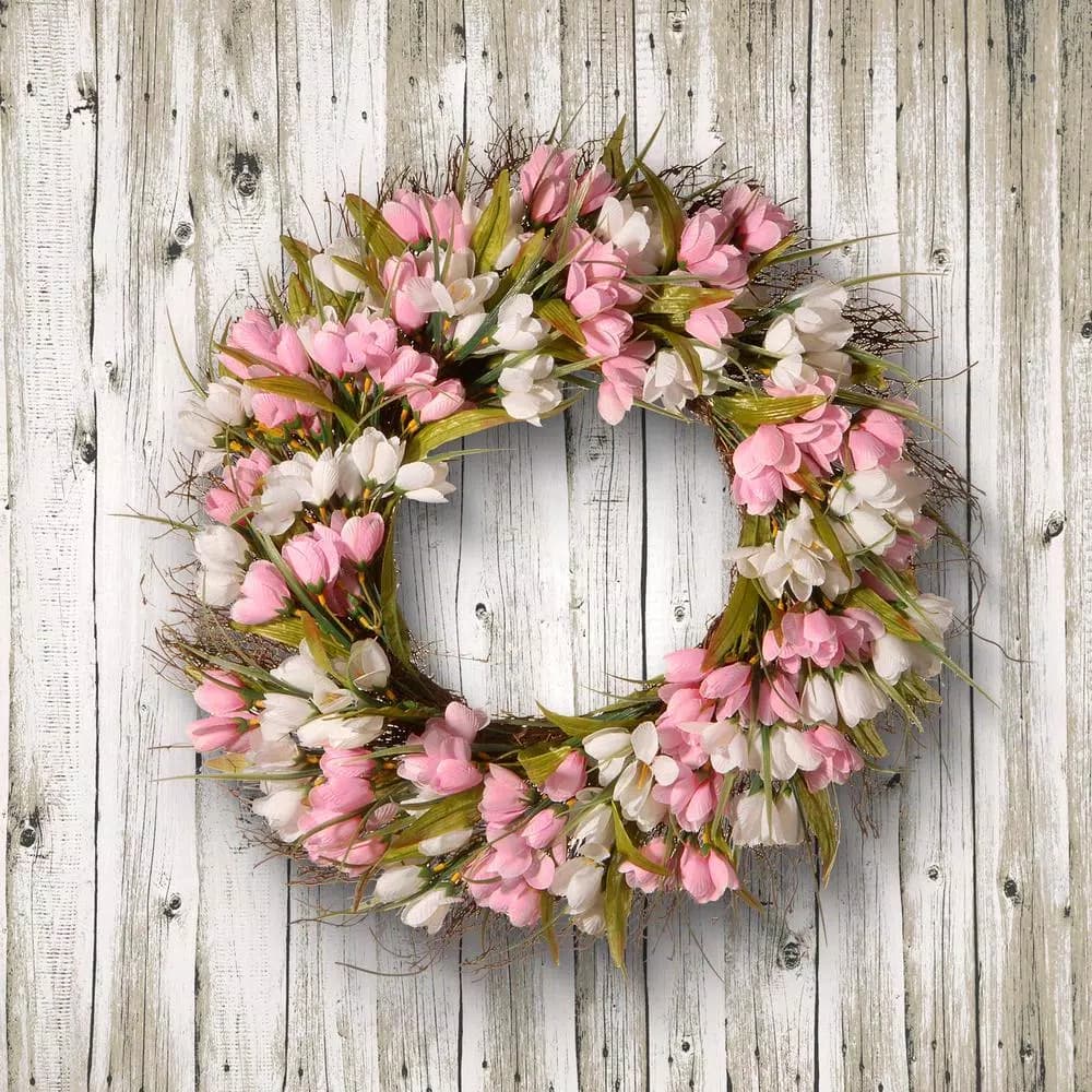 National Tree Company 21 in. Pink and White Tulip Flower Wreath with Greenery