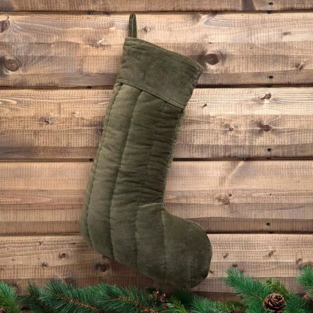 VHC Brands 20 in. Sage Green Velvet Cotton Christmas Stocking - Traditional Holiday Decor