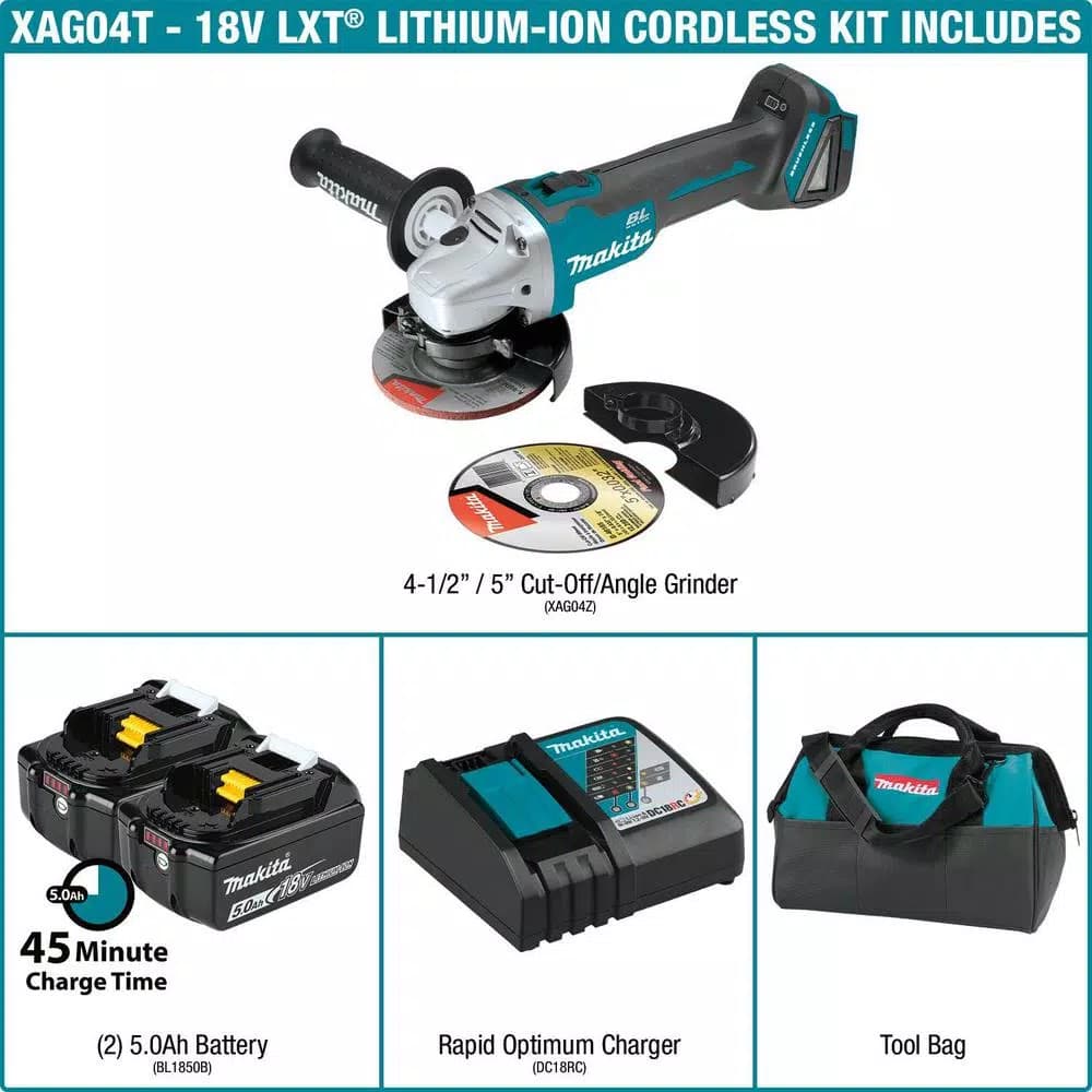 Makita 18V LXT Brushless 4-1/2" / 5" Cordless Angle Grinder Kit with 5.0Ah Batteries and Charger