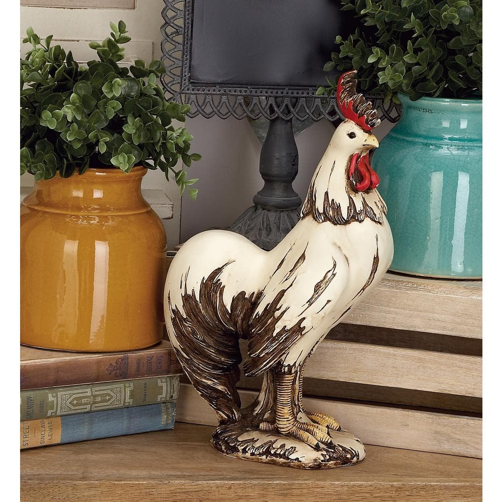 LITTON LANE 15 in. Rooster Decorative Sculpture - White, Red, and Brown Farmhouse Statuary